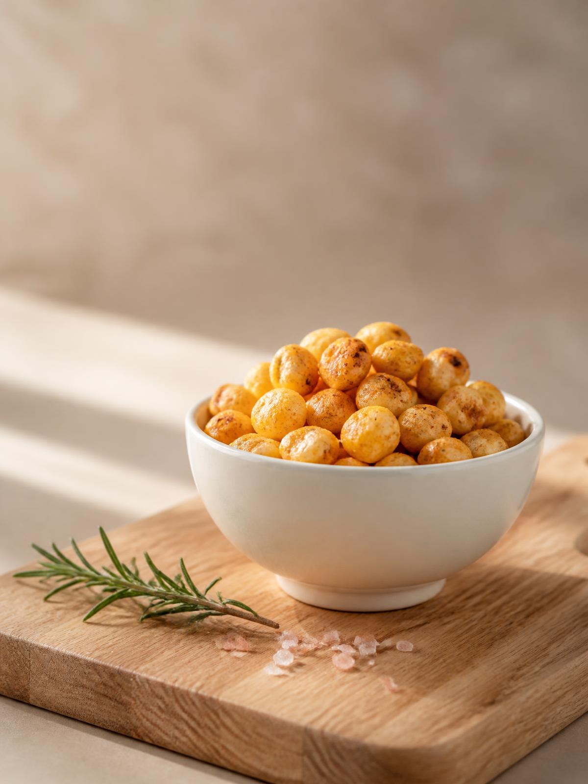 A small ceramic bowl of golden roasted makhana on an oak board with a sprig of rosemary