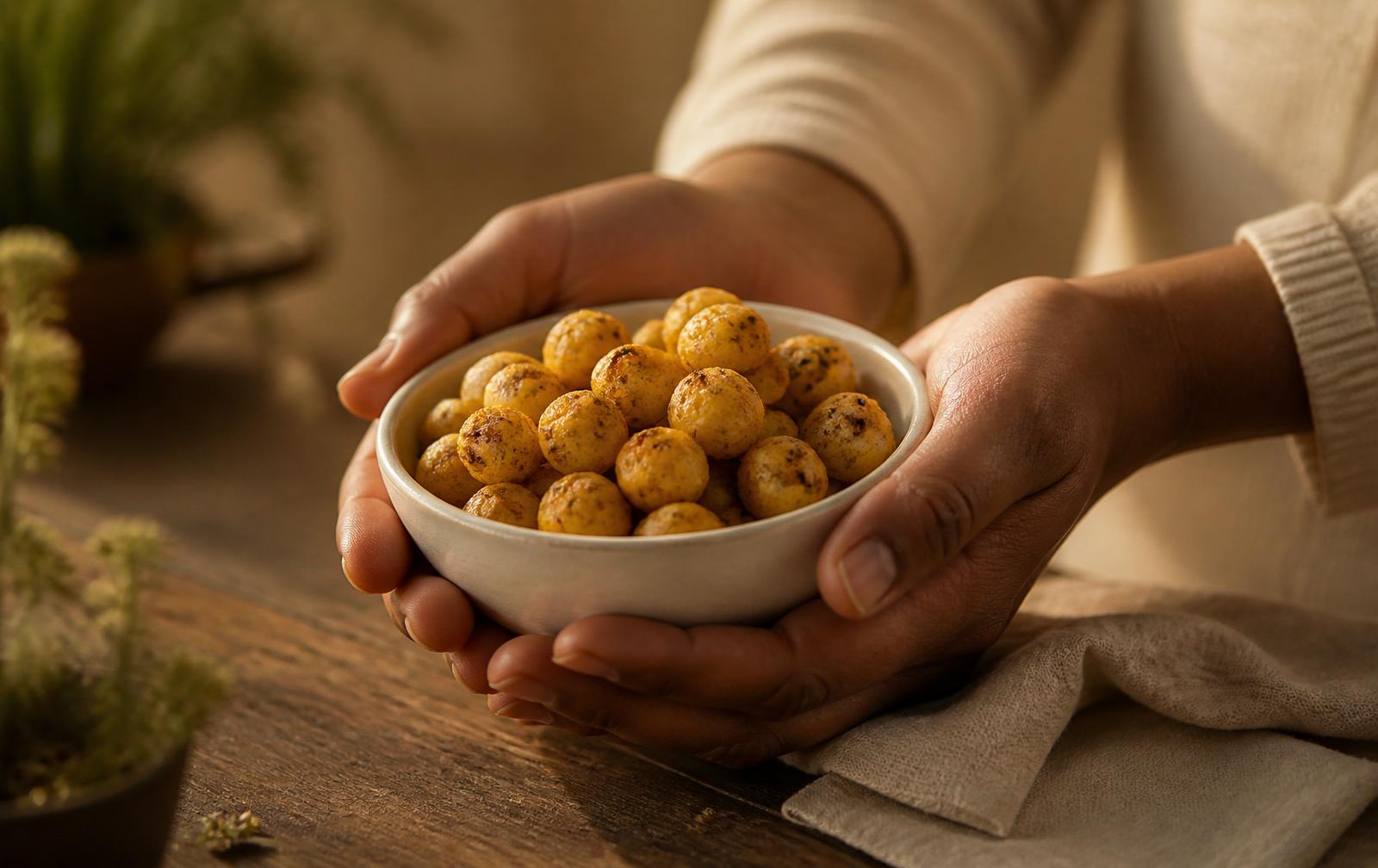 Hands cradling a small ceramic bowl of makhana in soft window light