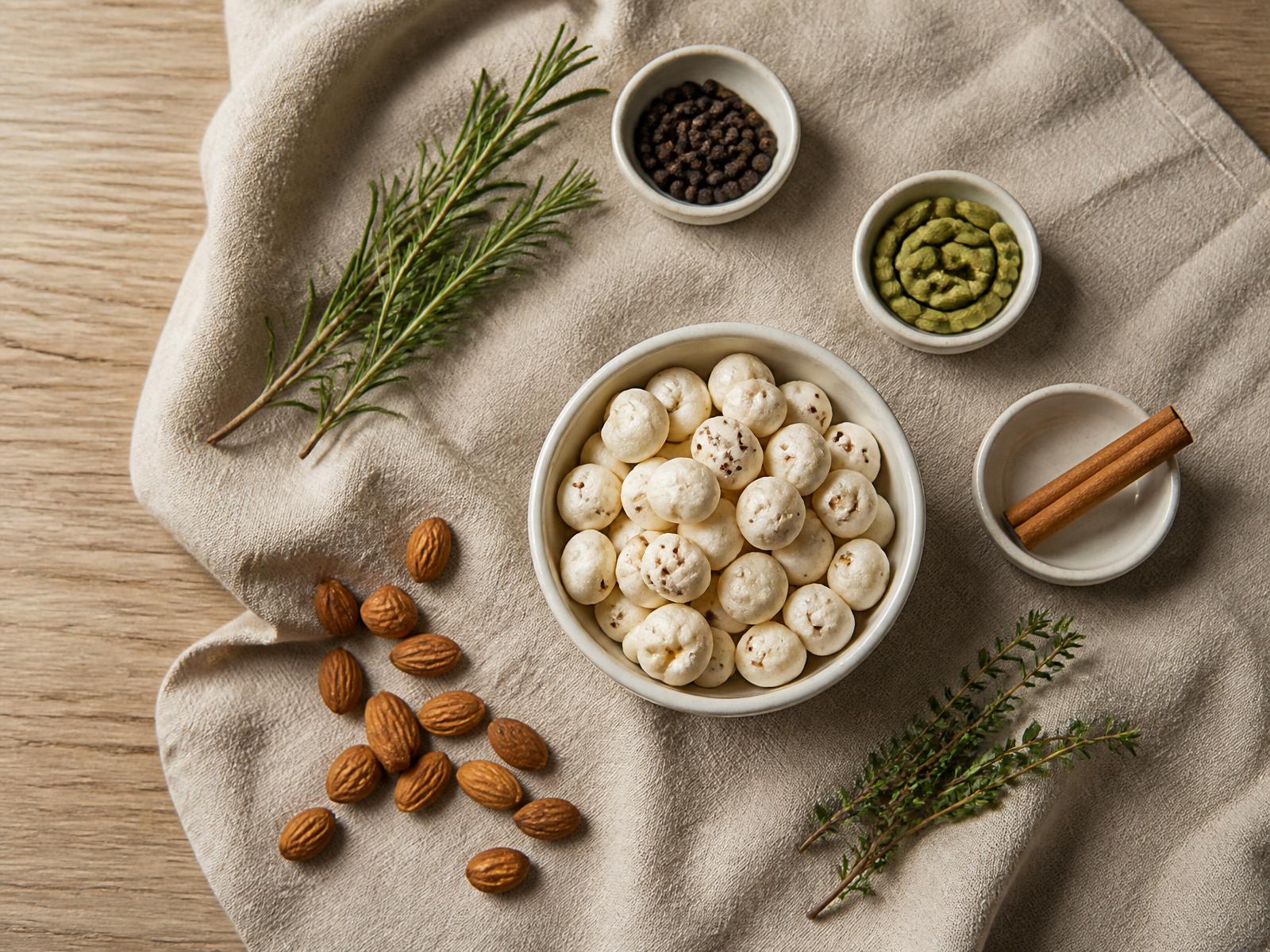 Overhead flatlay of makhana, whole spices, herbs and almonds on natural linen